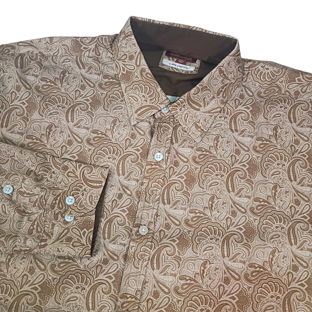 Consequence Mens 2XL Brown Tonal Paisley 4-Way Stretch LS Button Down‎ Shirt